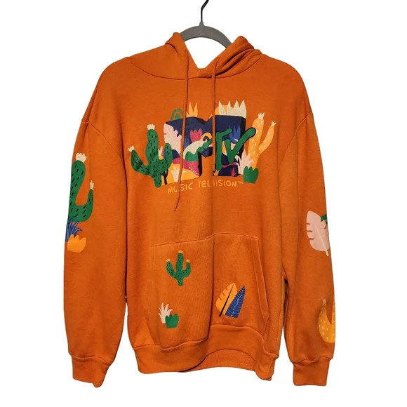 MTV Cactus Print Hoodie Unisex Small Orange Retro Graphic Pullover - Picture 2 of 13